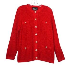 Vintage Rochelle Boucle Jacket Red w/ Gold Buttons Shoulder Pads Size M